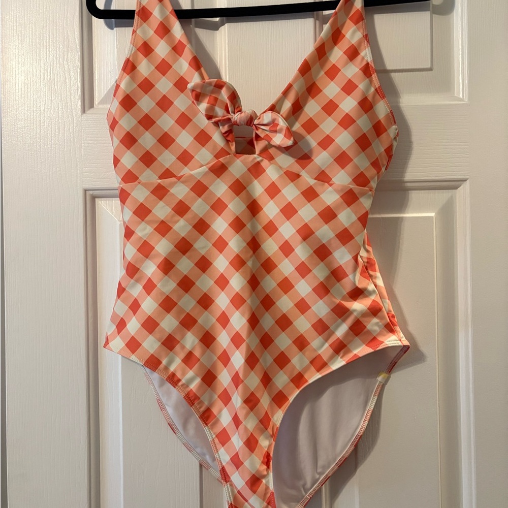 Summersalt Plunge One Piece Swimwear Peach and White Checkered Swimsuit